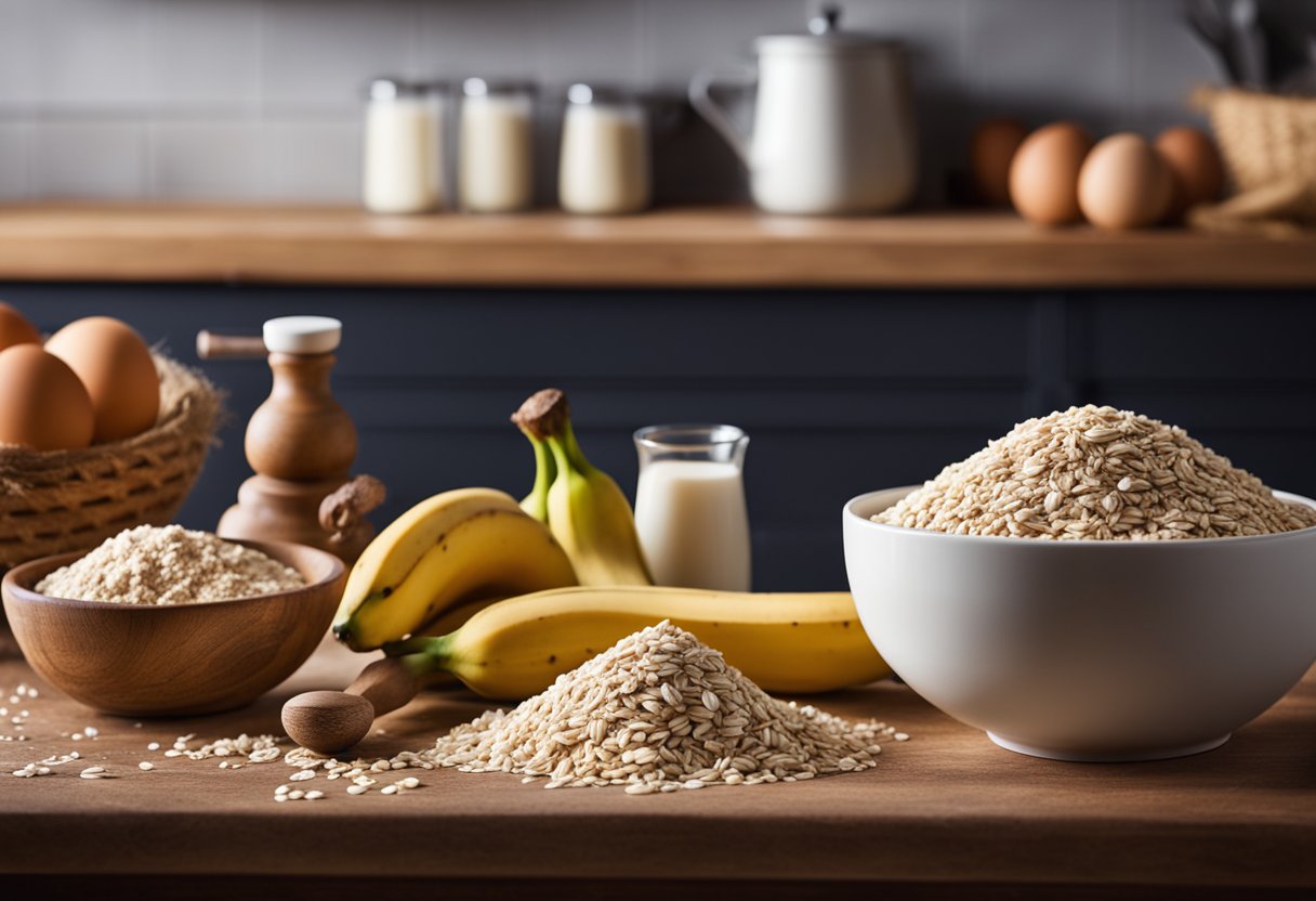 Uma bancada de cozinha rústica com uma tigela de mistura cheia de bananas amassadas e aveia, cercada por ingredientes como farinha de trigo integral e ovos.