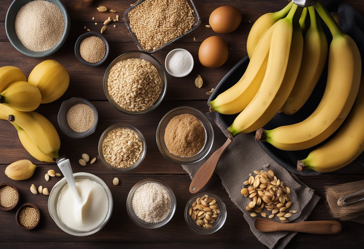 Uma bancada de cozinha rústica com ingredientes (bananas, aveia) e utensílios para fazer bolo de aveia integral com banana