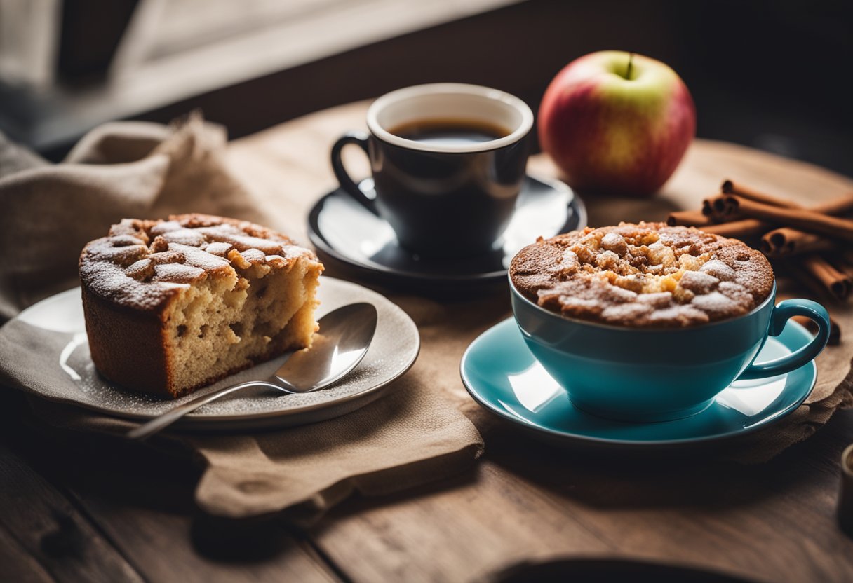 Uma mesa de cozinha aconchegante com um bolo de maçã e canela recém-assado, acompanhado por uma xícara fumegante de café, pronta para um café da manhã leve.