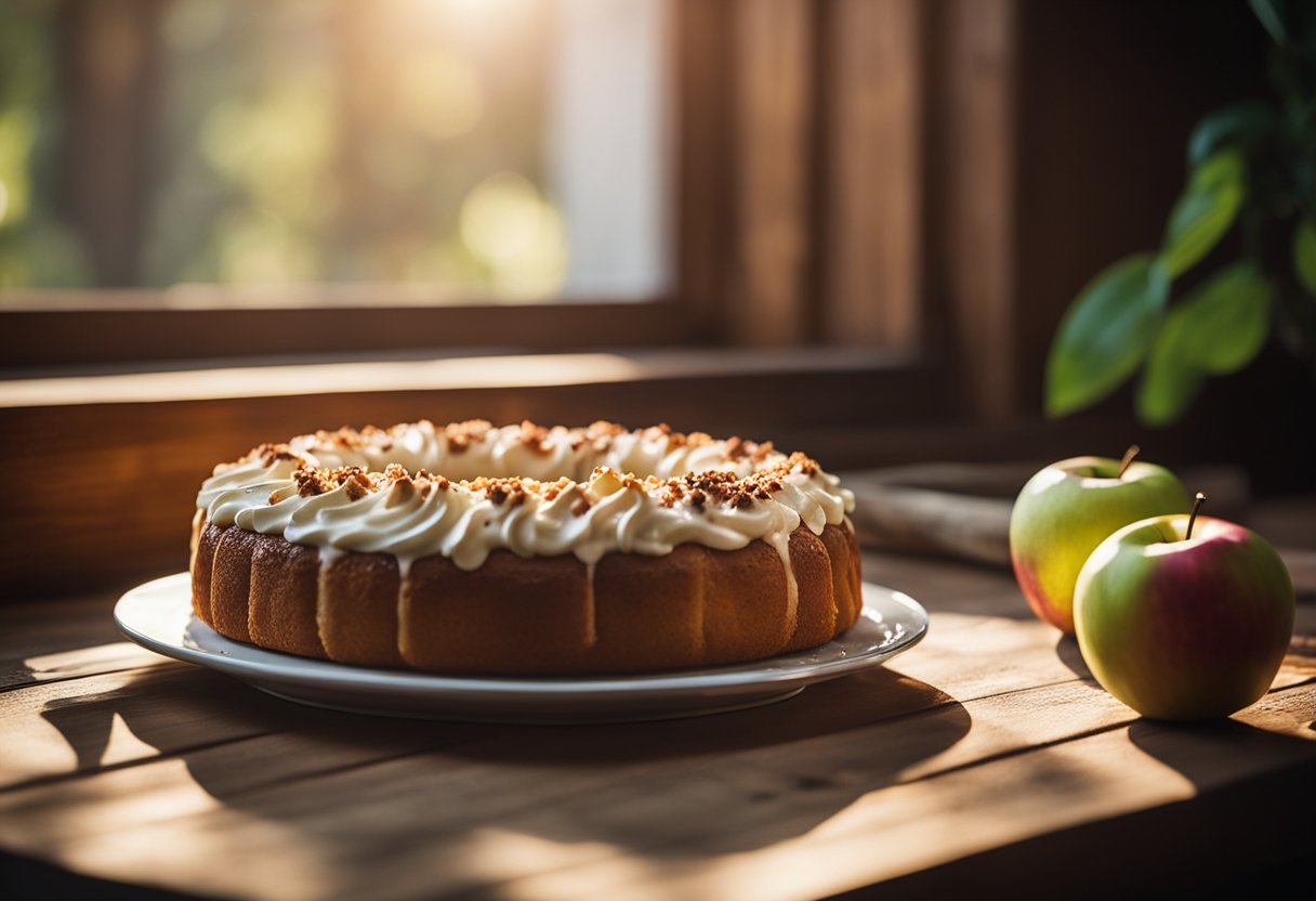 Um bolo de maçã fresco repousa sobre uma mesa rústica de madeira, polvilhado com canela. A luz do sol entra por uma janela próxima, lançando um brilho quente sobre a deliciosa iguaria.