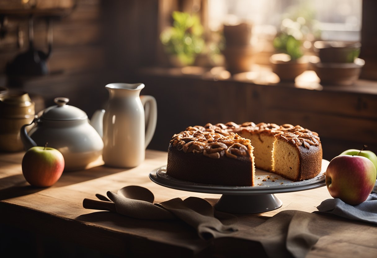 Uma cozinha aconchegante com um bolo de maçã e canela recém-assado em uma mesa de madeira rústica, cercada por uma luz suave da manhã