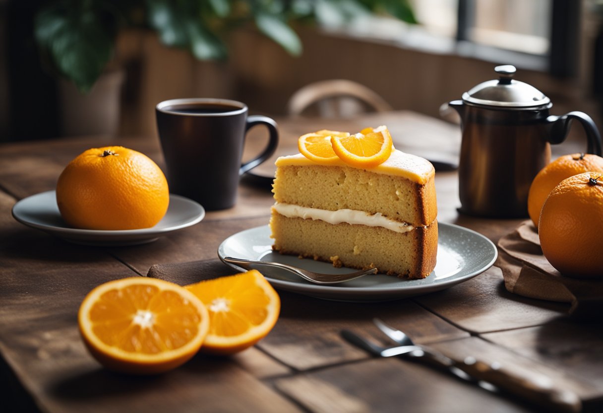 Uma mesa de cozinha rústica com um bolo de laranja inteiro recém-assado, cercada por algumas fatias de laranja e uma xícara fumegante de café