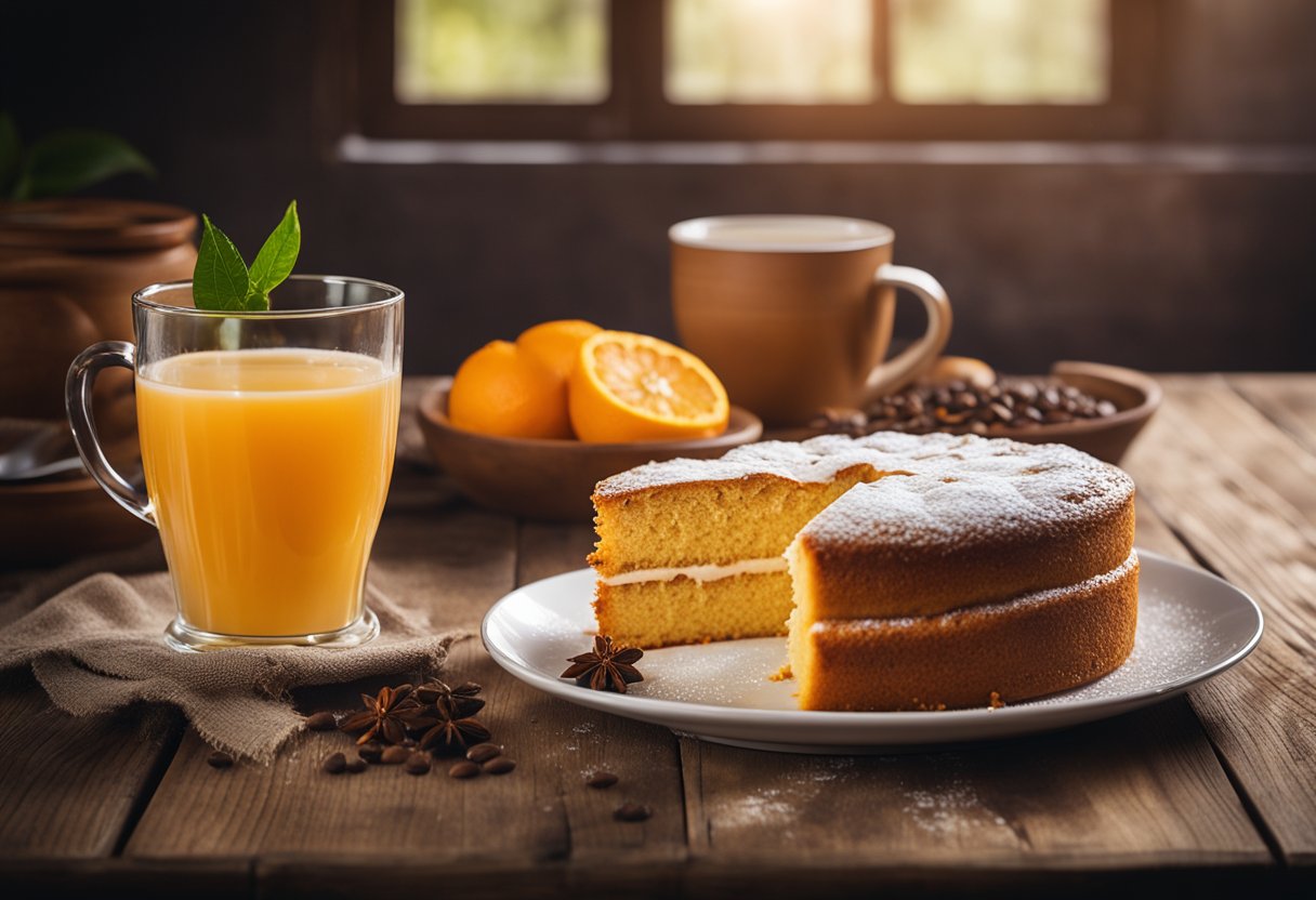 Um bolo de laranja inteiro recém-assado em uma mesa rústica de madeira, cercado por fatias de laranjas frescas e uma xícara fumegante de café