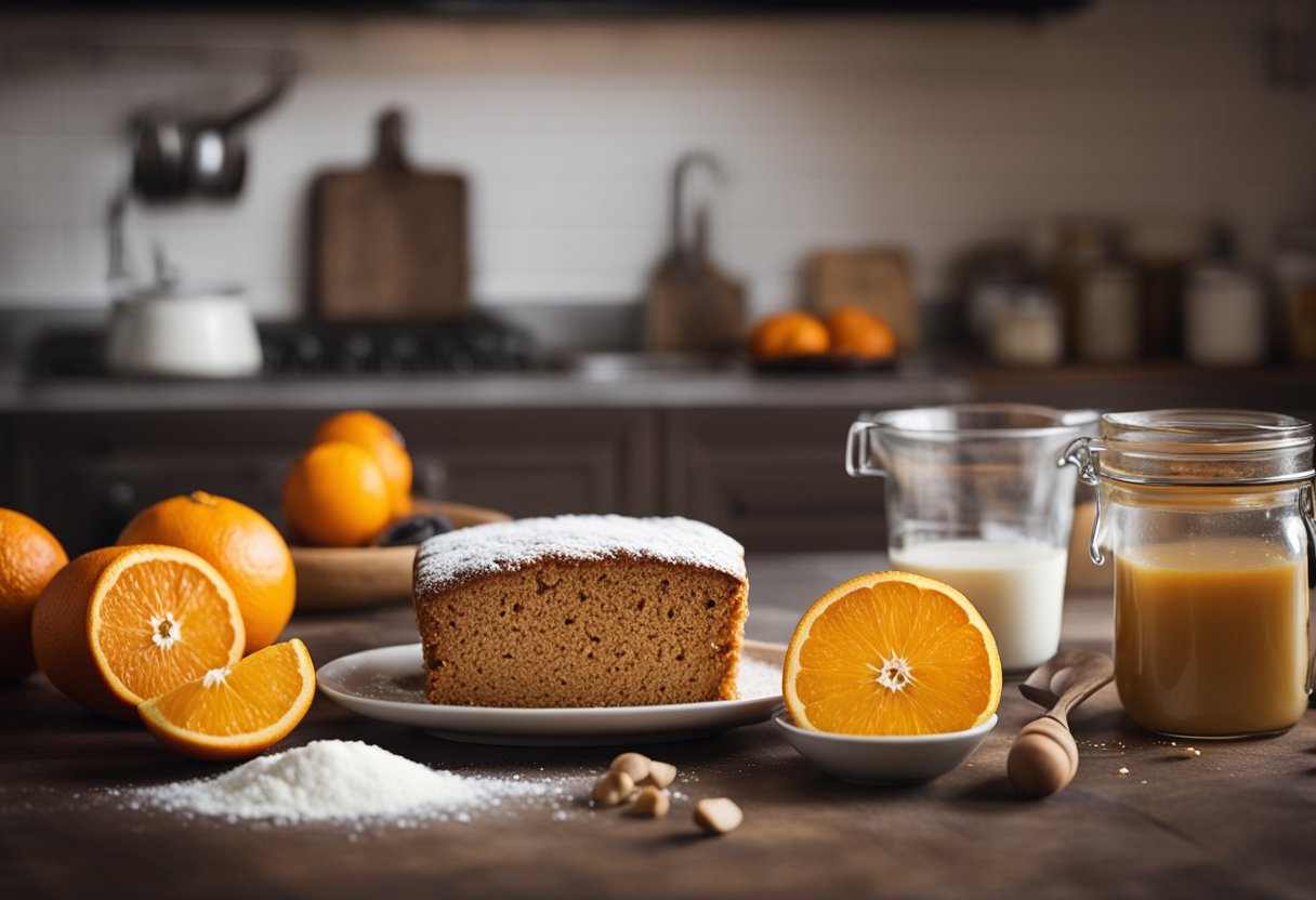 Uma bancada de cozinha rústica exibe laranjas frescas, farinha de trigo integral e mel ao lado de um livro de receitas aberto na página do "Bolo Inteiro de Laranja Saudável"