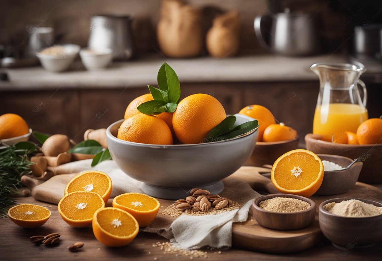 Uma bancada de cozinha rústica com ingredientes para bolo de laranja inteiro, incluindo laranjas frescas, farinha de trigo integral e uma tigela de mistura.