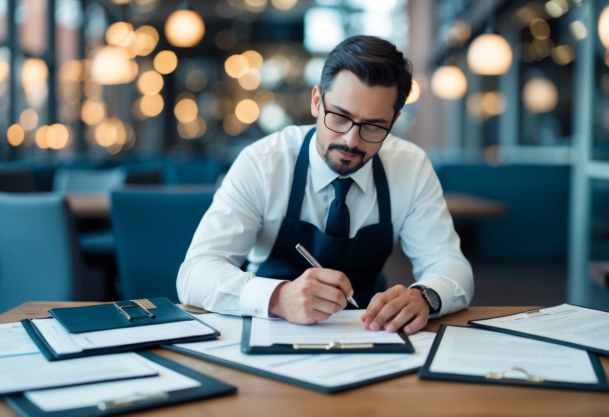 Un propietario de restaurante estudiando una lista de verificación rodeado de documentos legales y regulaciones