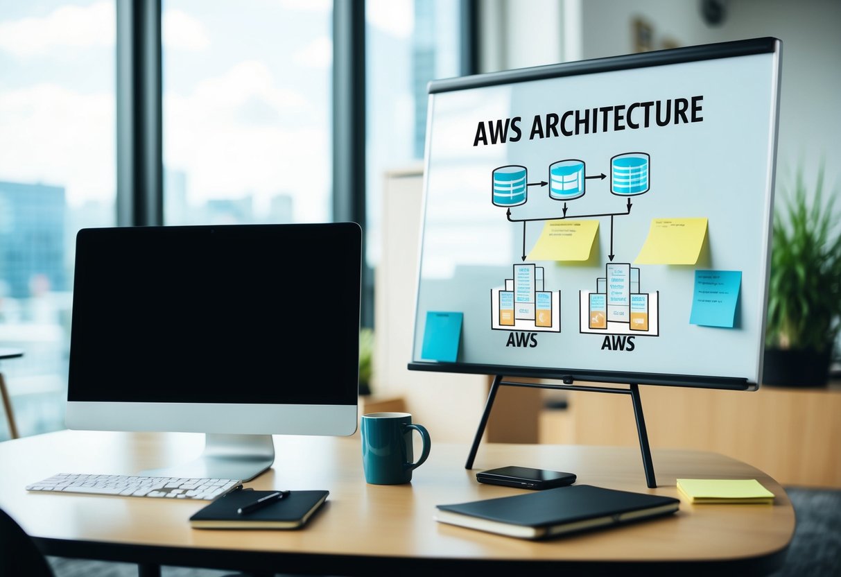 An office desk with a computer, notebook, and coffee mug. A whiteboard with AWS architecture diagrams and sticky notes