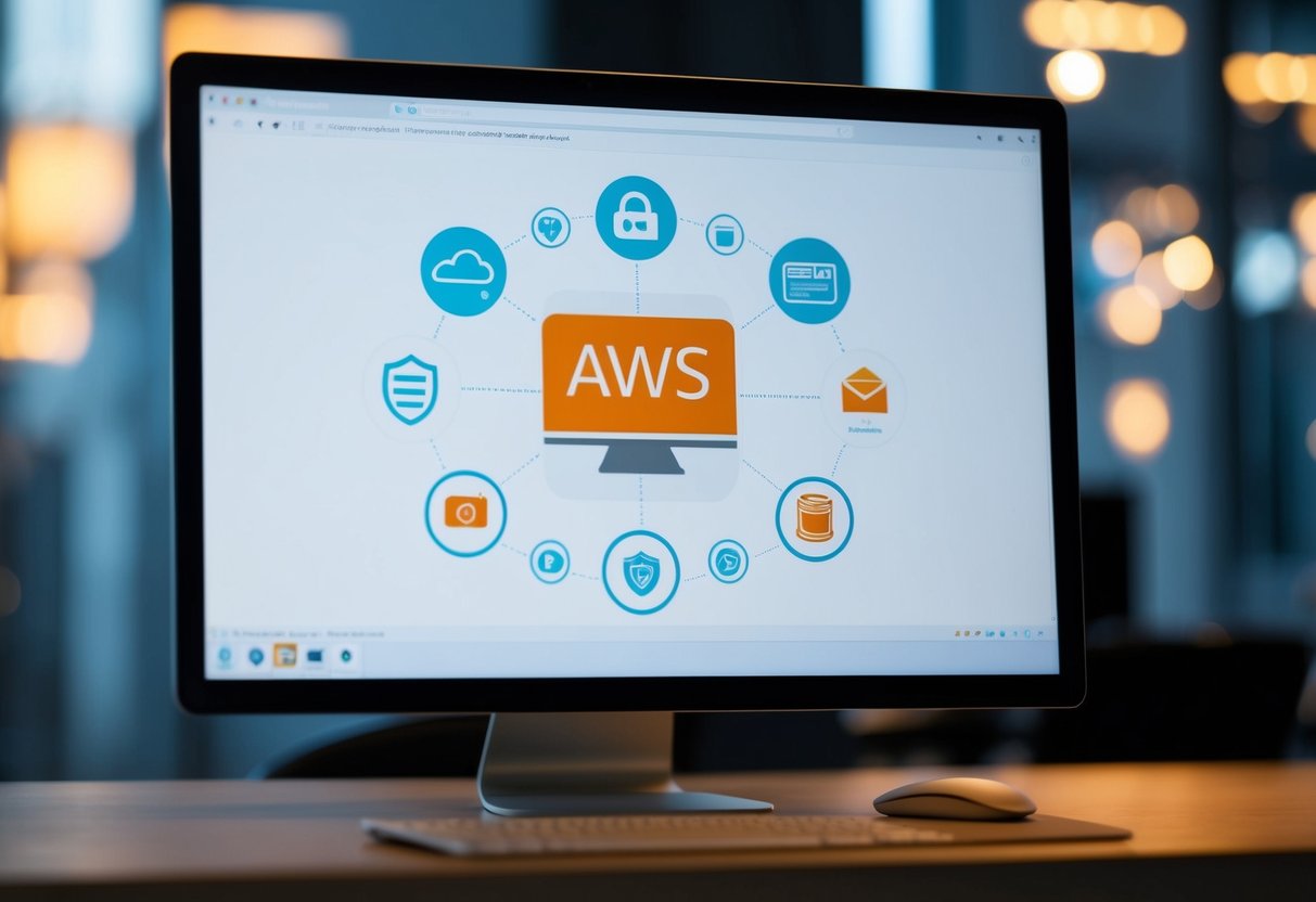 A computer screen displaying AWS security concepts with various icons and symbols