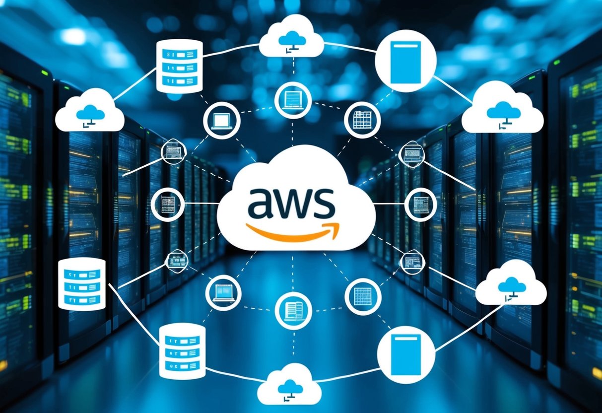 A network of interconnected servers and devices, with data flowing between them, surrounded by the AWS logo and cloud iconography