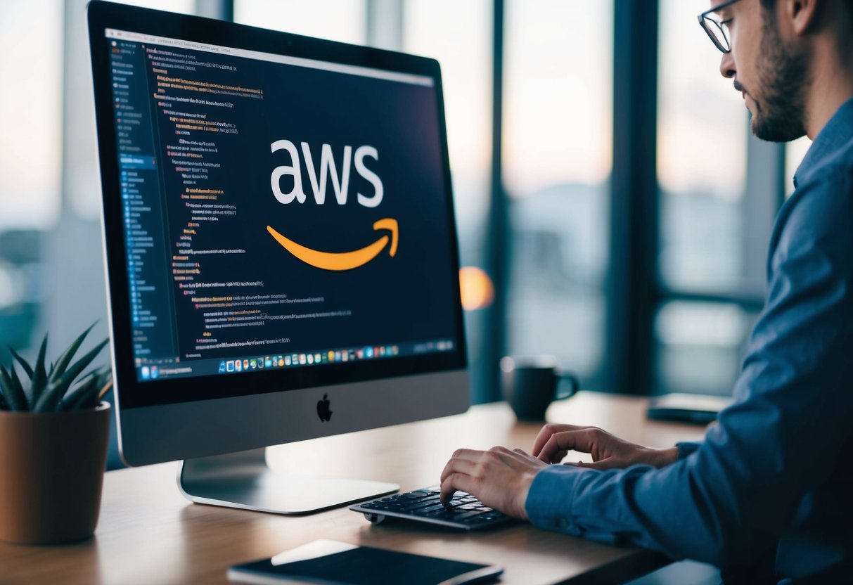 A person working on a computer, writing code, with AWS logo visible on the screen