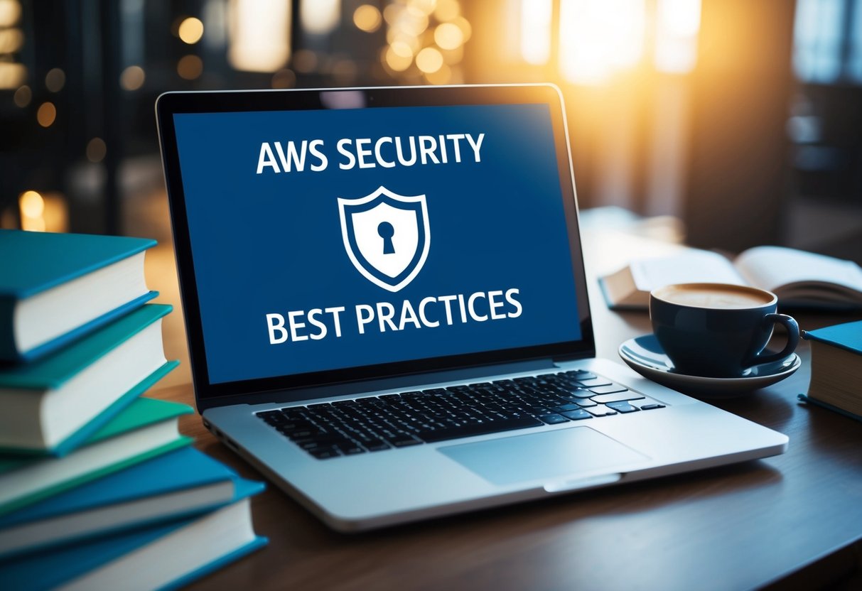A laptop displaying AWS security best practices with a lock symbol and shield icon, surrounded by coding books and a cup of coffee