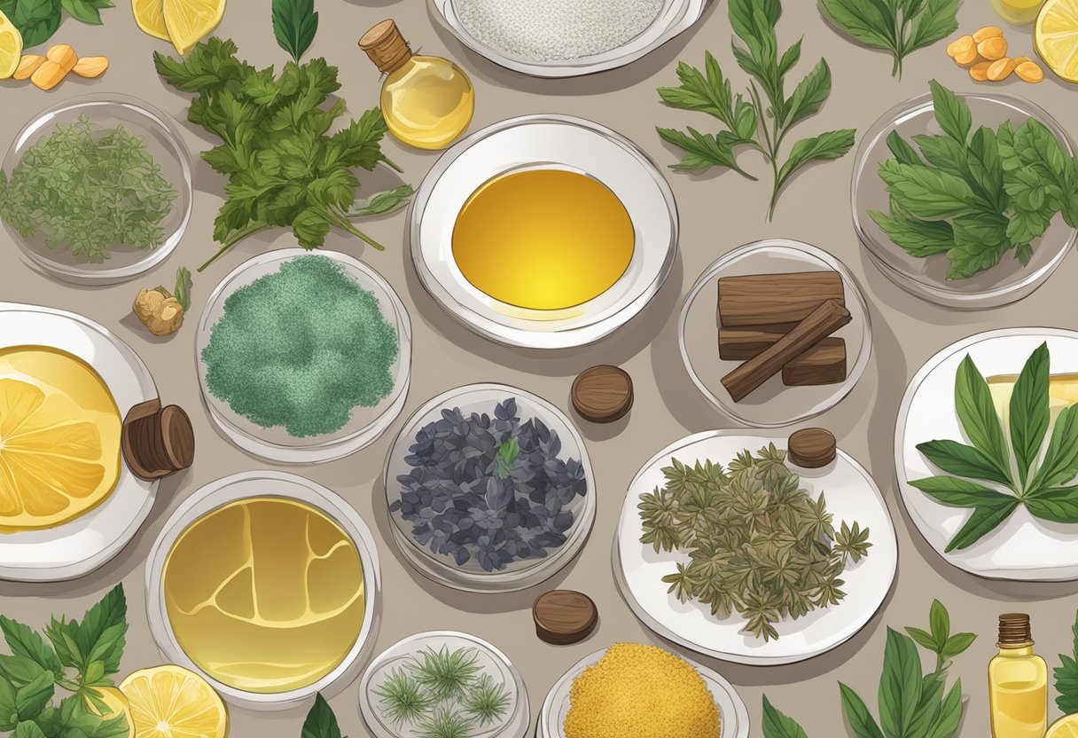 A table with various molds, essential oils, and dried herbs for DIY soap making