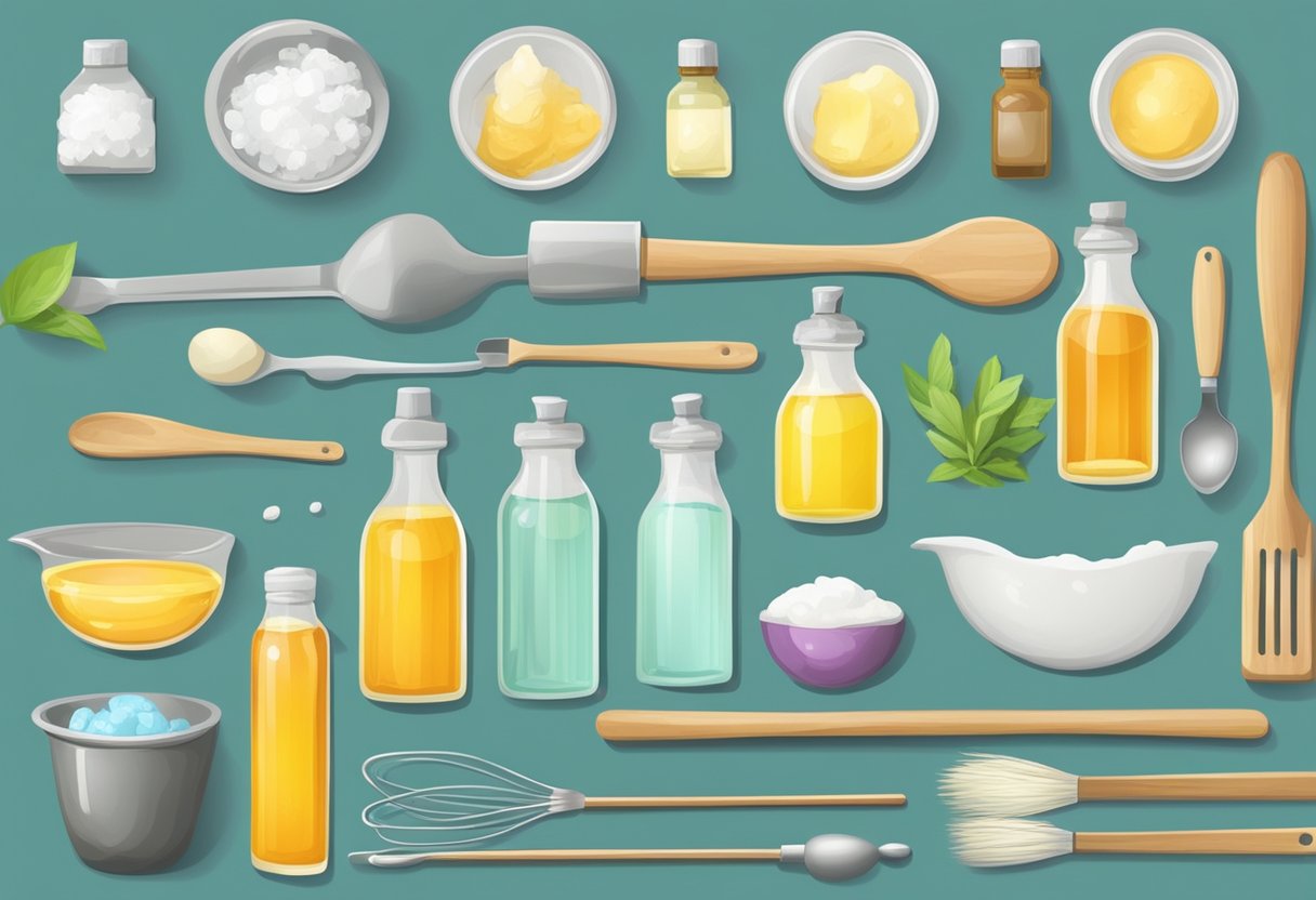 A table holds various tools and ingredients for soap making: oils, lye, molds, and stirring utensils, all neatly arranged for the DIY project