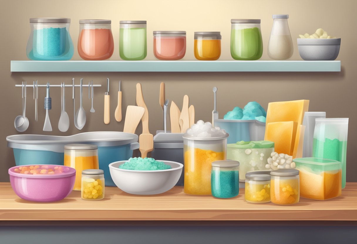 A table with various molds and tools for soap making. Shelves filled with ingredients and packaging materials. A work area with a cutting board and mixing bowls