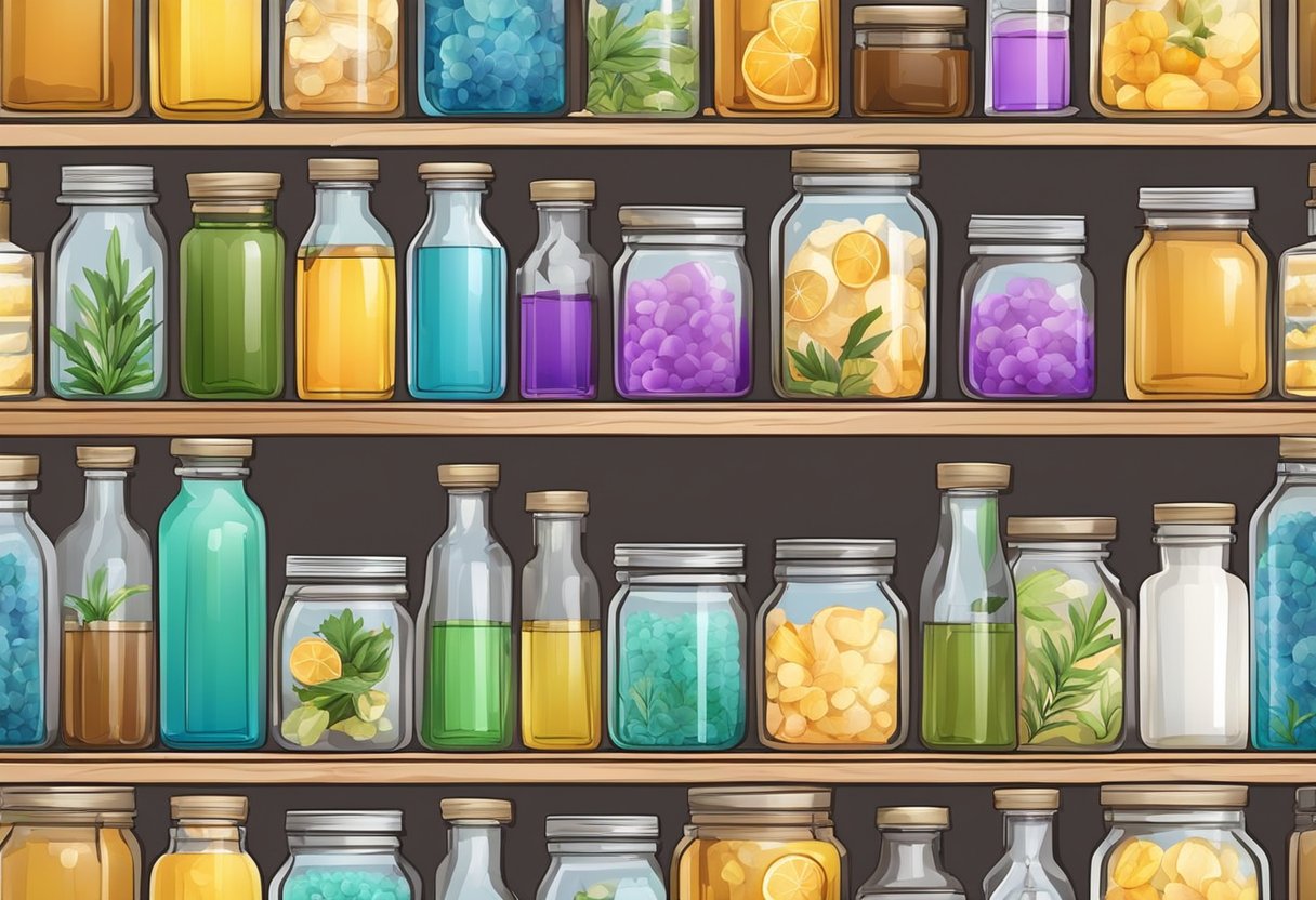 A table with assorted containers, molds, and ingredients for soap making. Shelves filled with colorful bottles and jars of essential oils and natural additives