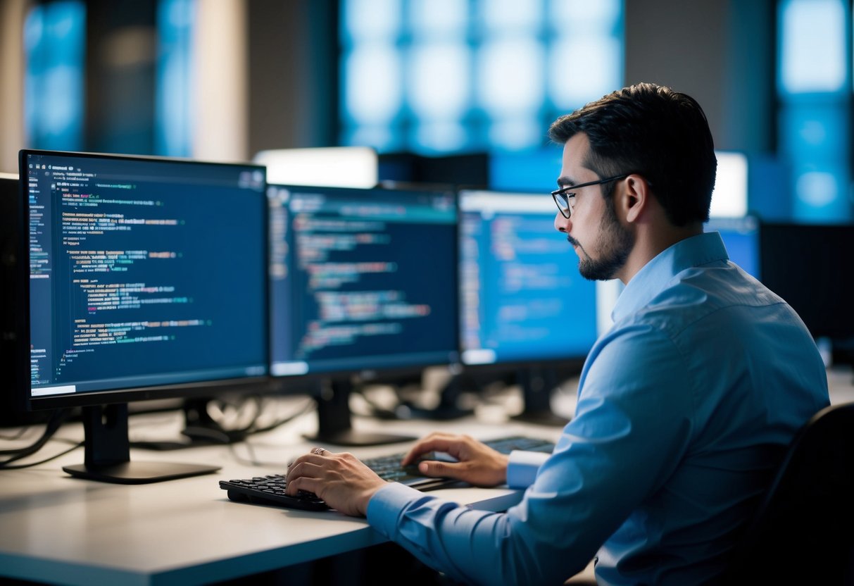 An AWS developer coding at a desk with multiple computer screens and servers in the background