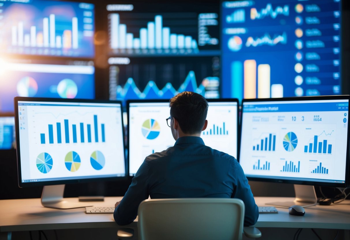 A person working at a computer, surrounded by screens displaying data charts and graphs