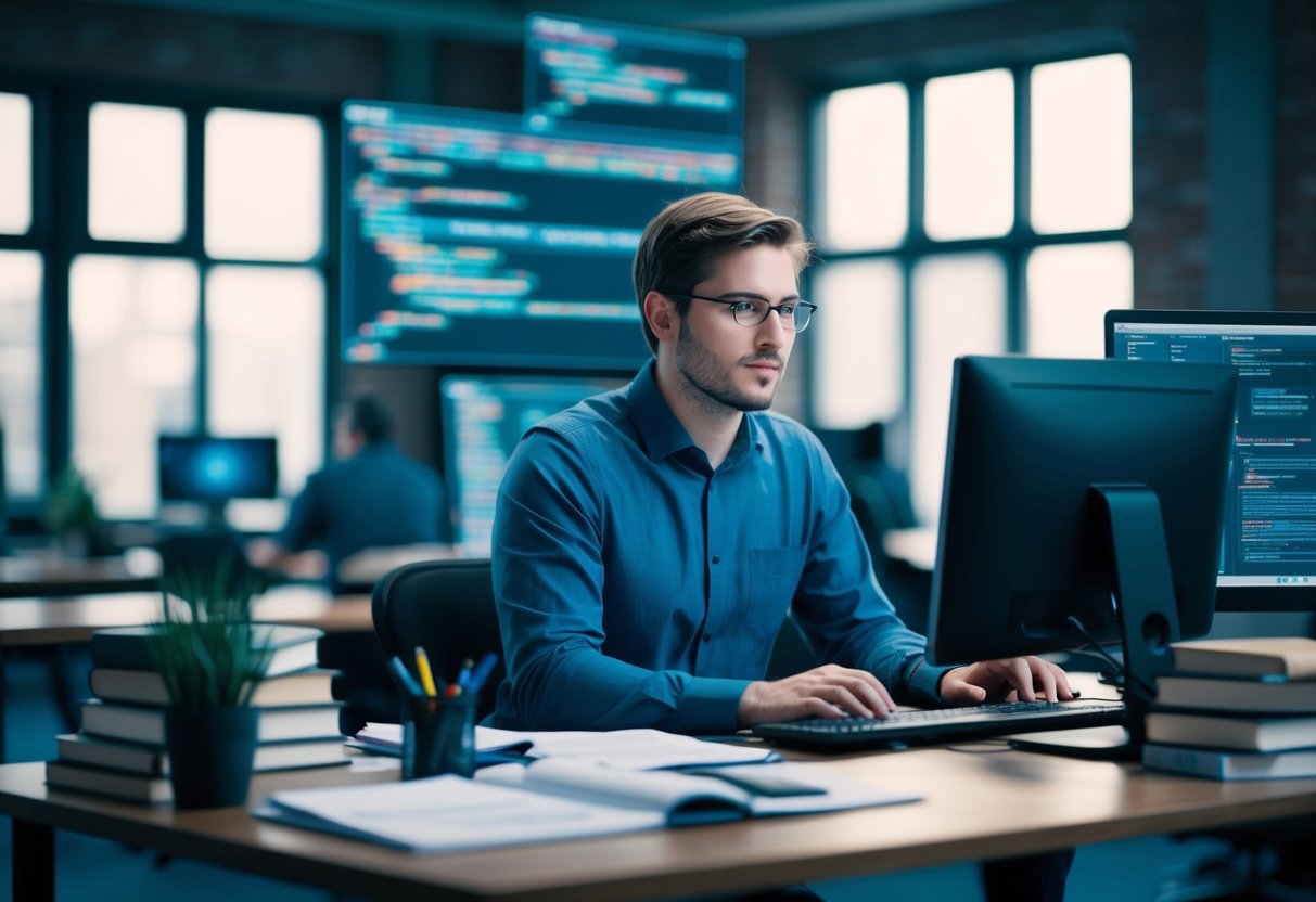 An AWS developer at a computer, surrounded by code, diagrams, and technical books, with a focused expression