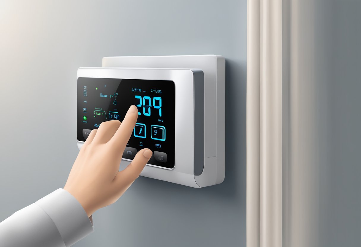 A hand reaches out to adjust a sleek, modern smart air conditioner controller mounted on the wall