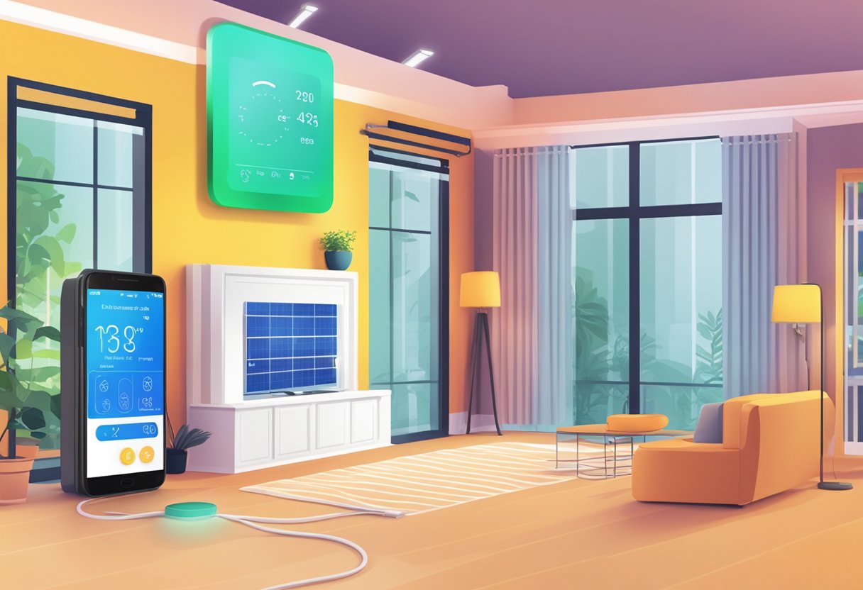 A smart AC controller adjusts temperature as a smartphone app displays energy savings