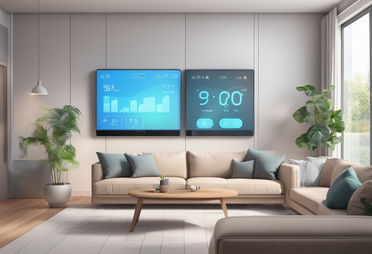 A smart air conditioner controller with advanced features and considerations, adjusting temperature and airflow in a modern living room