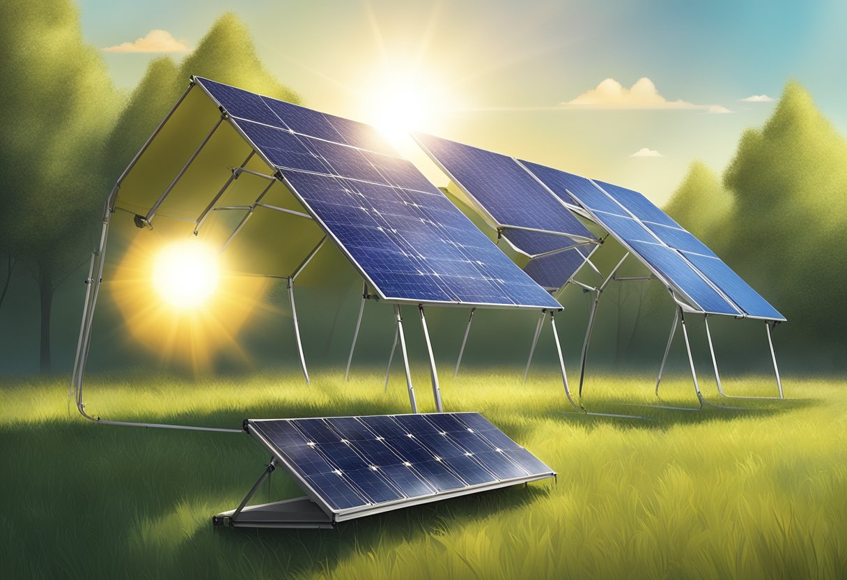 A bright, sunny day with lightweight portable solar panels set up on a grassy field, capturing the sun's rays and converting them into energy - Lightweight Portable Solar Panels