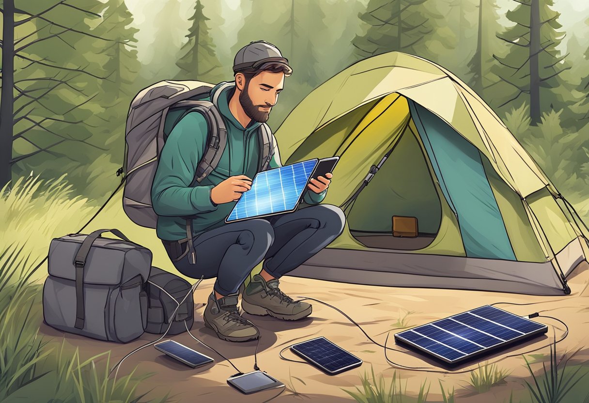 A backpacker unfolds a lightweight portable solar panel to charge electronic devices while camping in a remote location