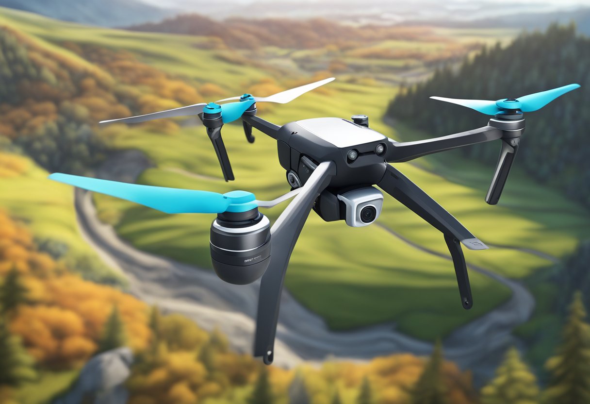 A drone with GPS hovers above a scenic landscape, while another drone follows closely behind, capturing the action