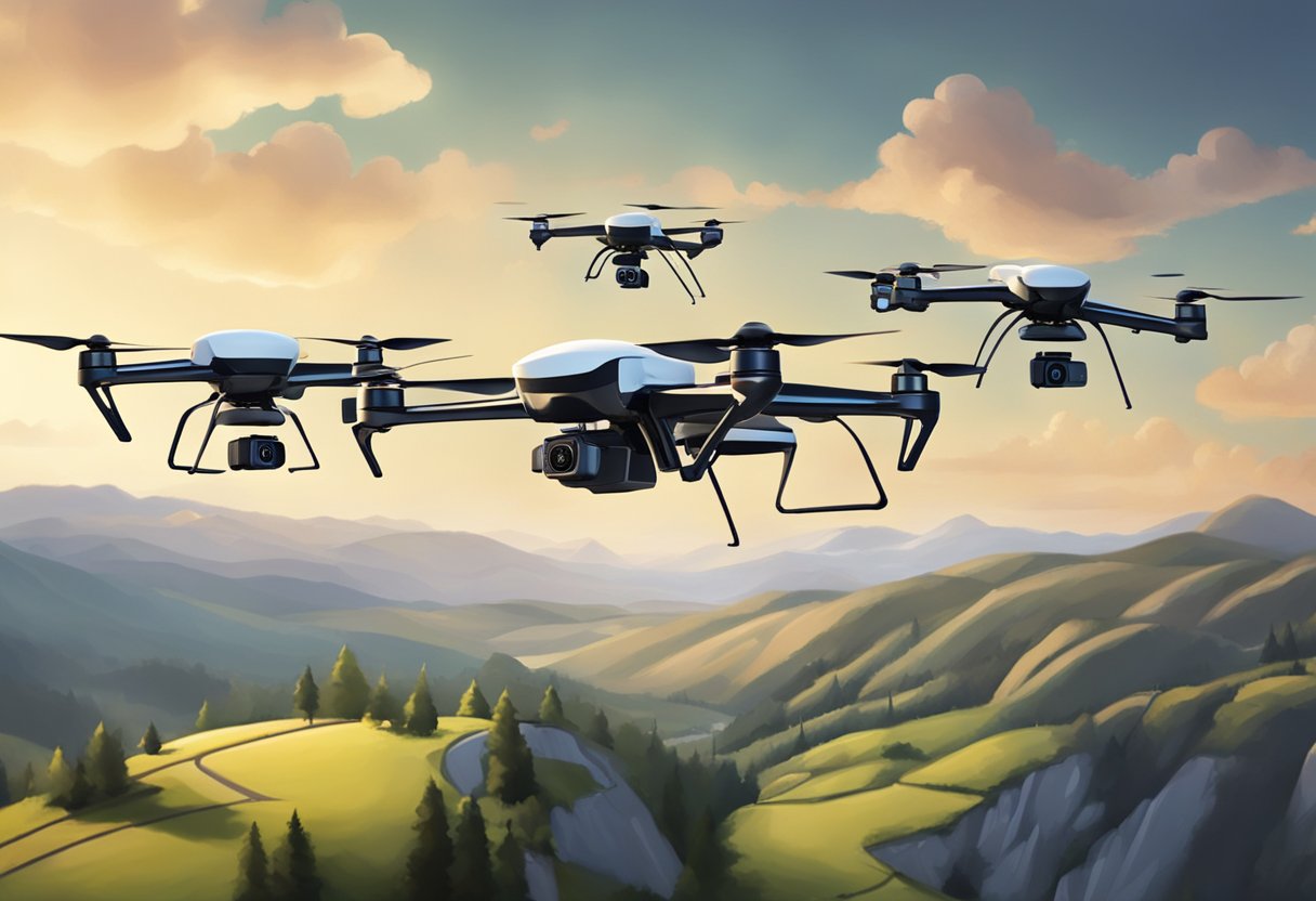 A group of drones with GPS and follow me technology flying in formation over a scenic landscape