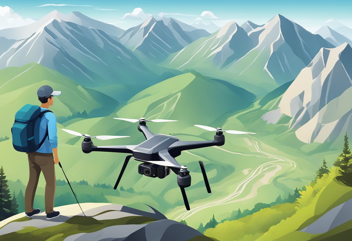 A drone with GPS hovers over a mountainous landscape, following a hiker along a trail