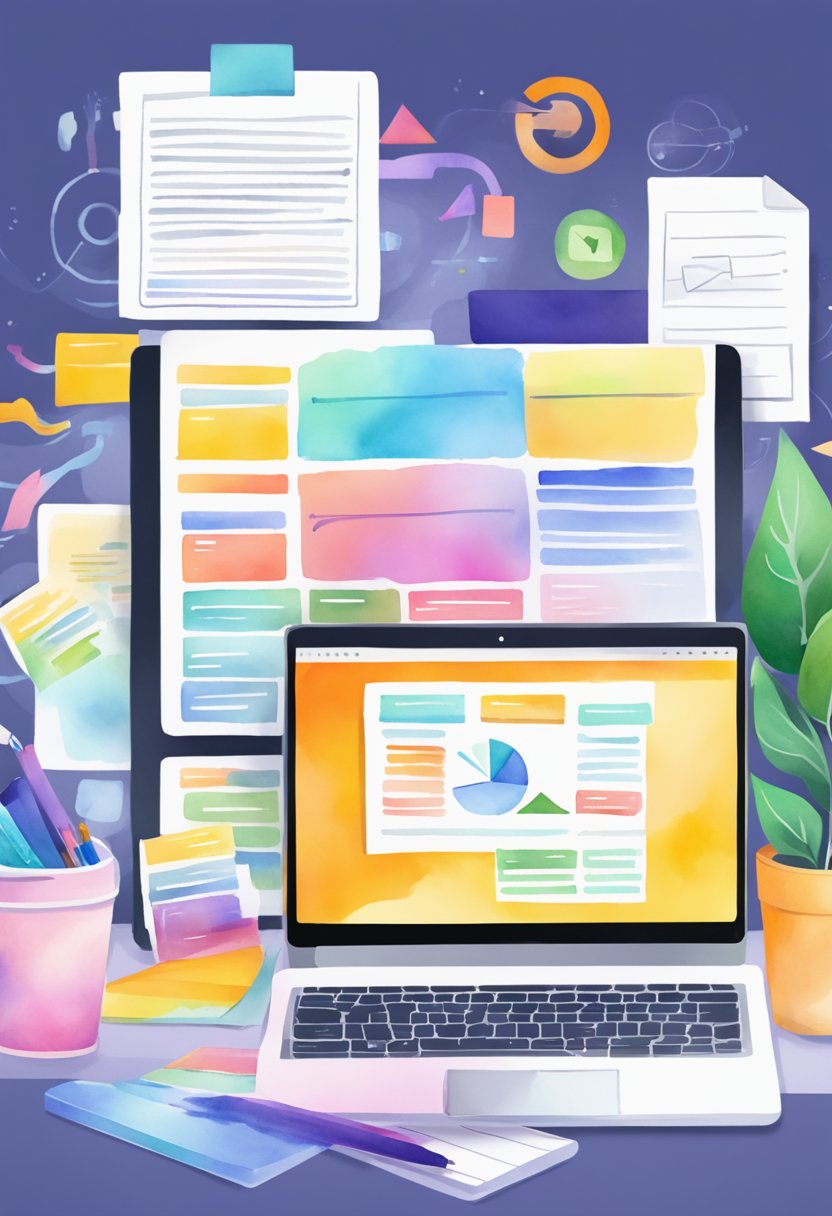 A sleek laptop displaying a variety of engaging sales enablement content, surrounded by vibrant marketing materials and strategic planning notes