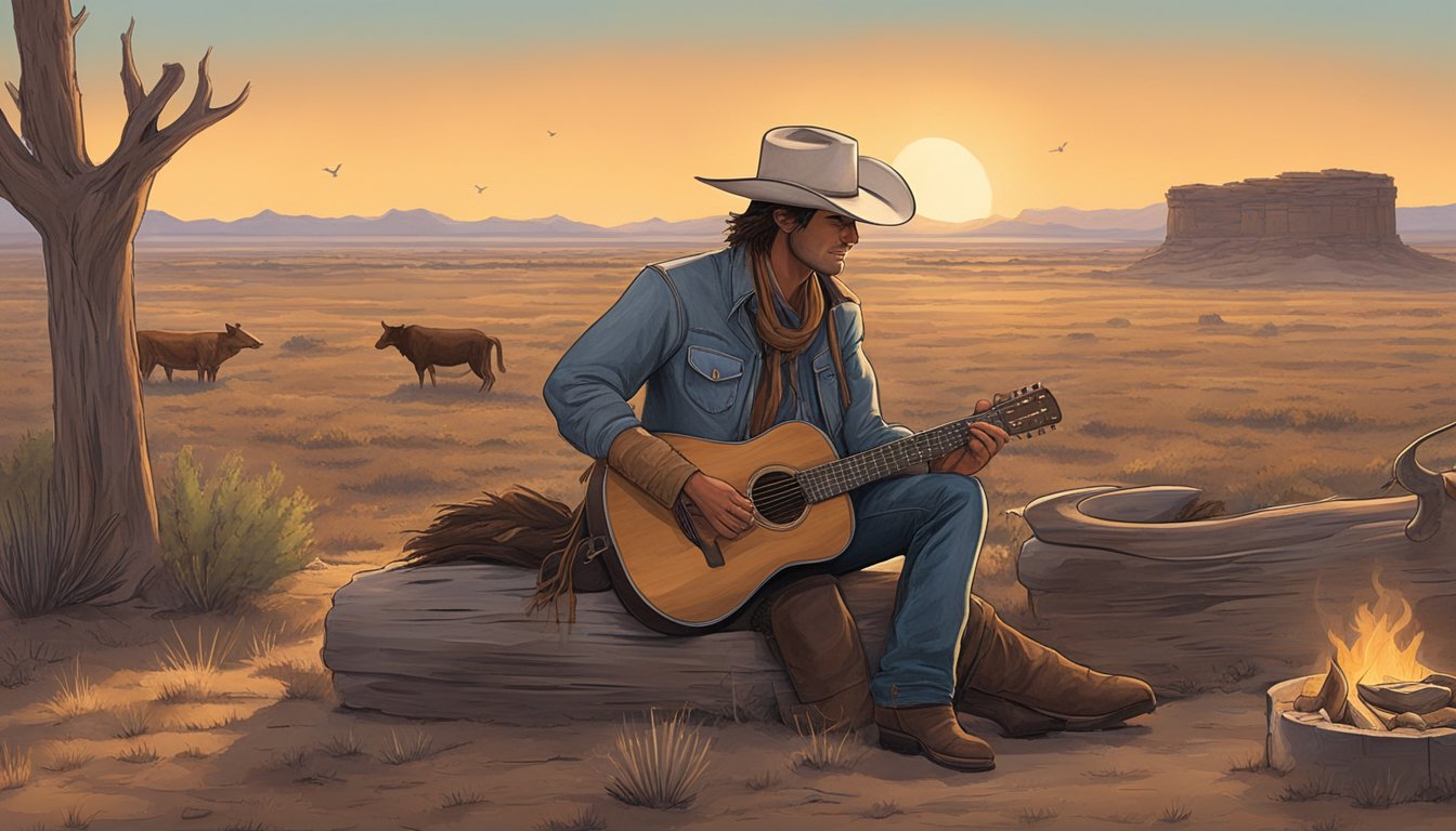 A lone cowboy sits by a campfire, surrounded by vast Texas plains. A guitar leans against a weathered saddle, while the sound of cattle and distant coyotes fills the air