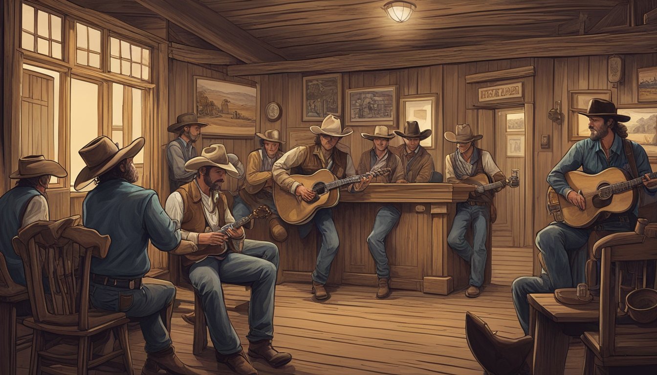 A dusty old saloon with swinging doors, a stage with a lone microphone, and a group of rugged cowboys gathered around, listening to the twang of a guitar and the mournful wail of a harmonica