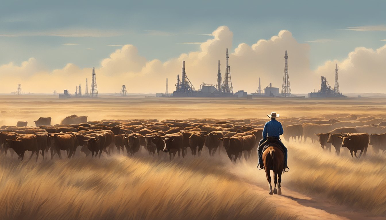 A lone cowboy herding cattle across the vast Texas plains, with oil derricks looming in the distance