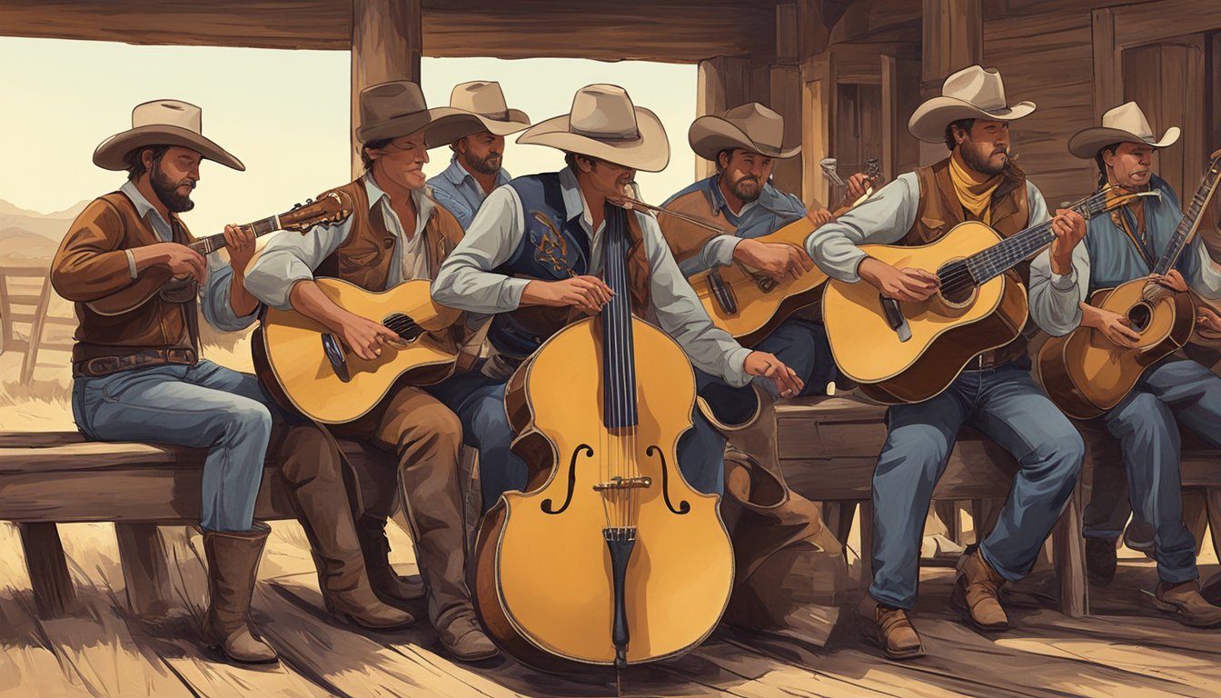 A group of Texas cowboys playing various musical instruments in a rustic western setting