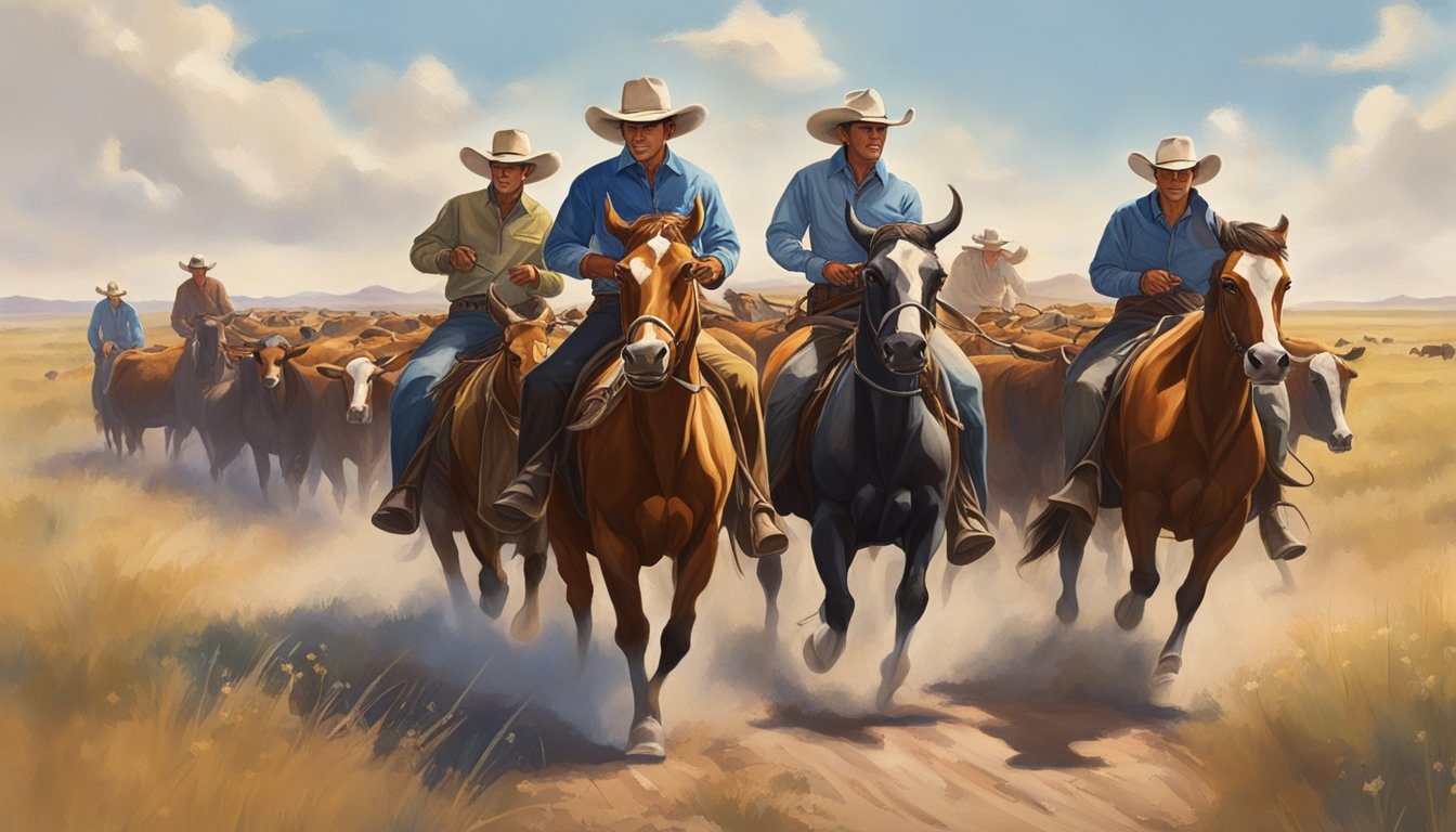 A group of Texas cowboys driving a herd of cattle across the open plains, symbolizing their impact on the economy and society through their role in shaping American political ideals and leadership