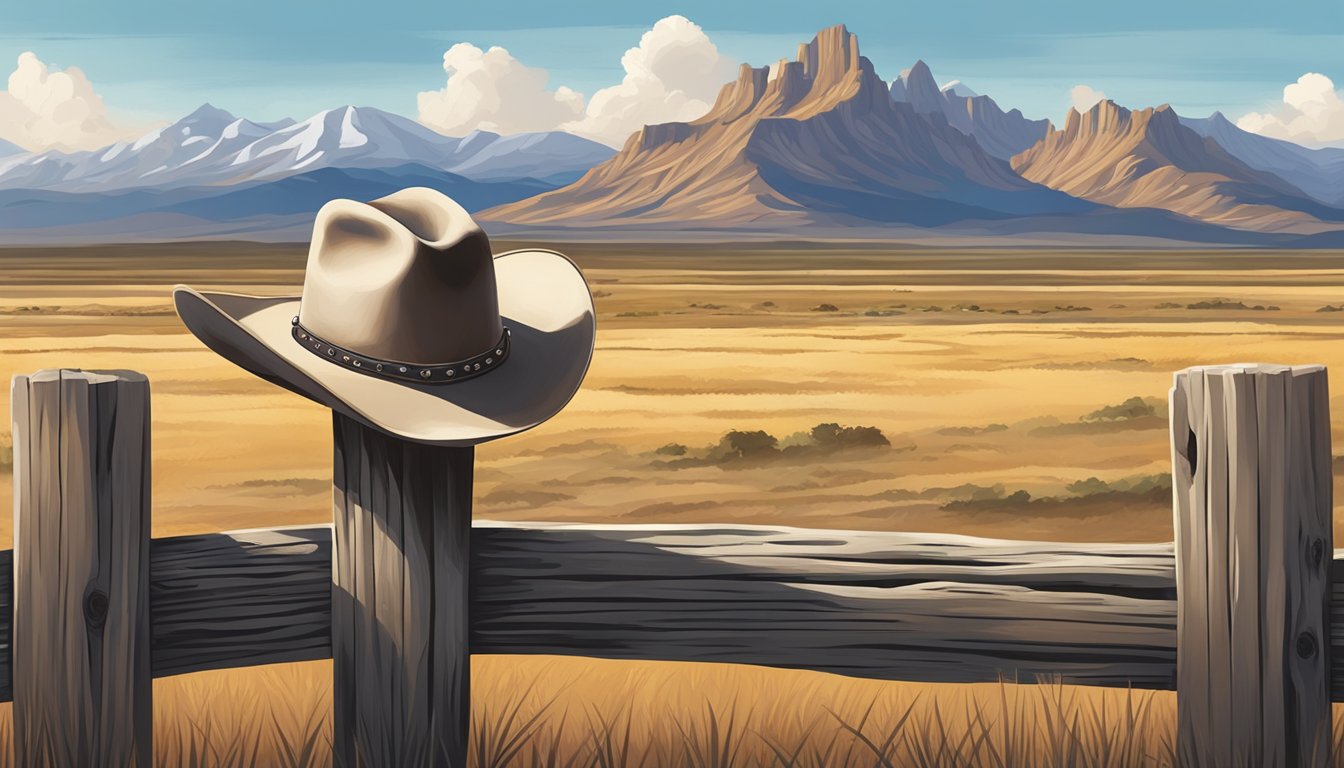 A lone cowboy hat resting on a weathered wooden fence post, surrounded by vast open plains and a distant mountain range