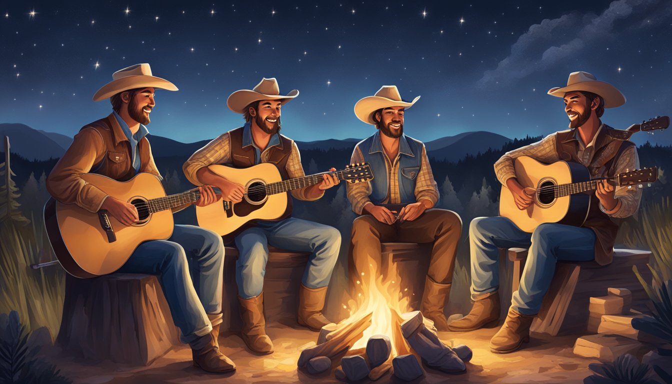 A group of Texas cowboys gather around a campfire, playing guitars and singing traditional country and western songs. The stars shine brightly in the night sky above