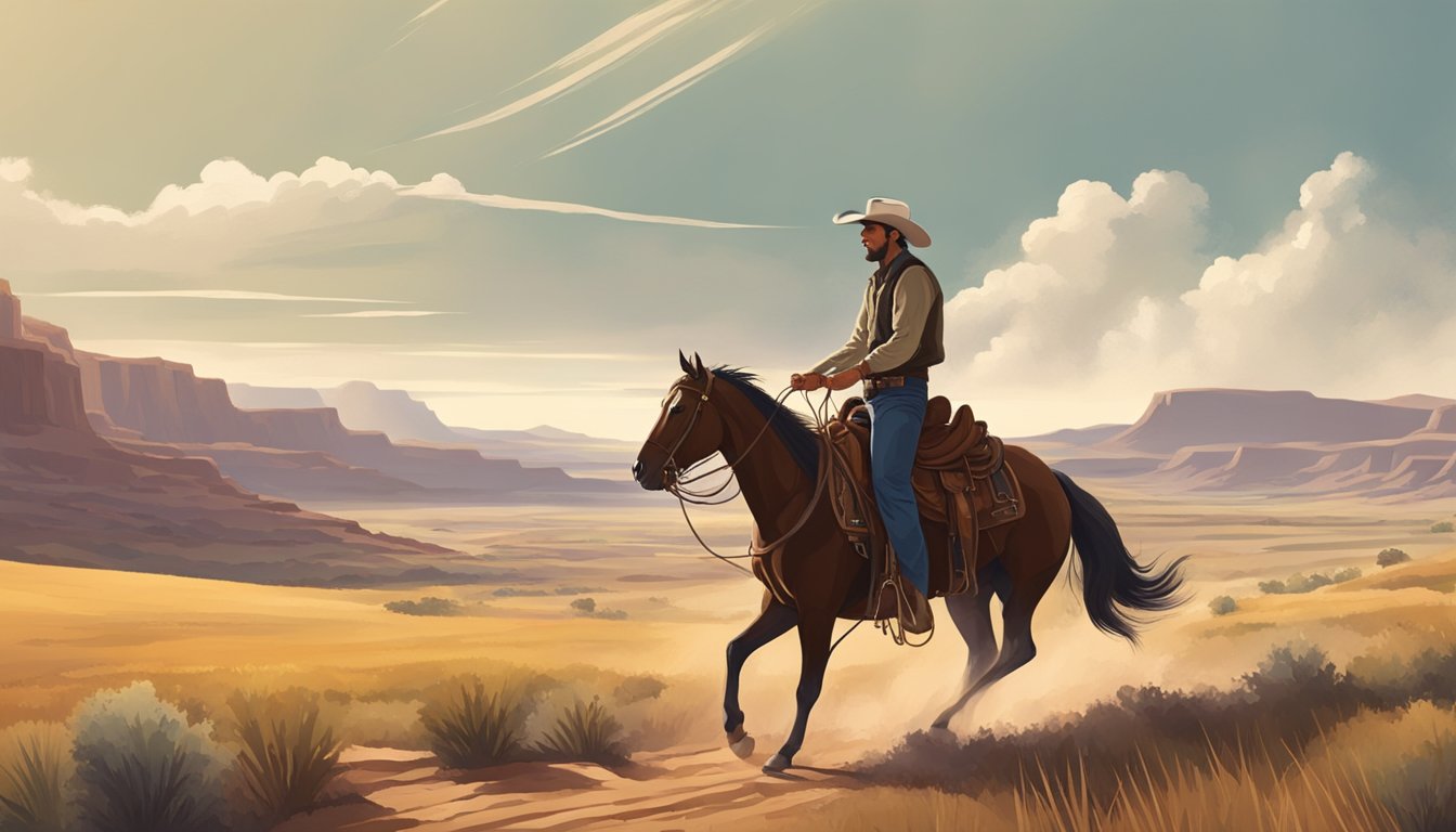 A lone cowboy rides through a rugged Texas landscape, surrounded by rolling hills and a vast open sky. The sounds of country and western music echo through the air