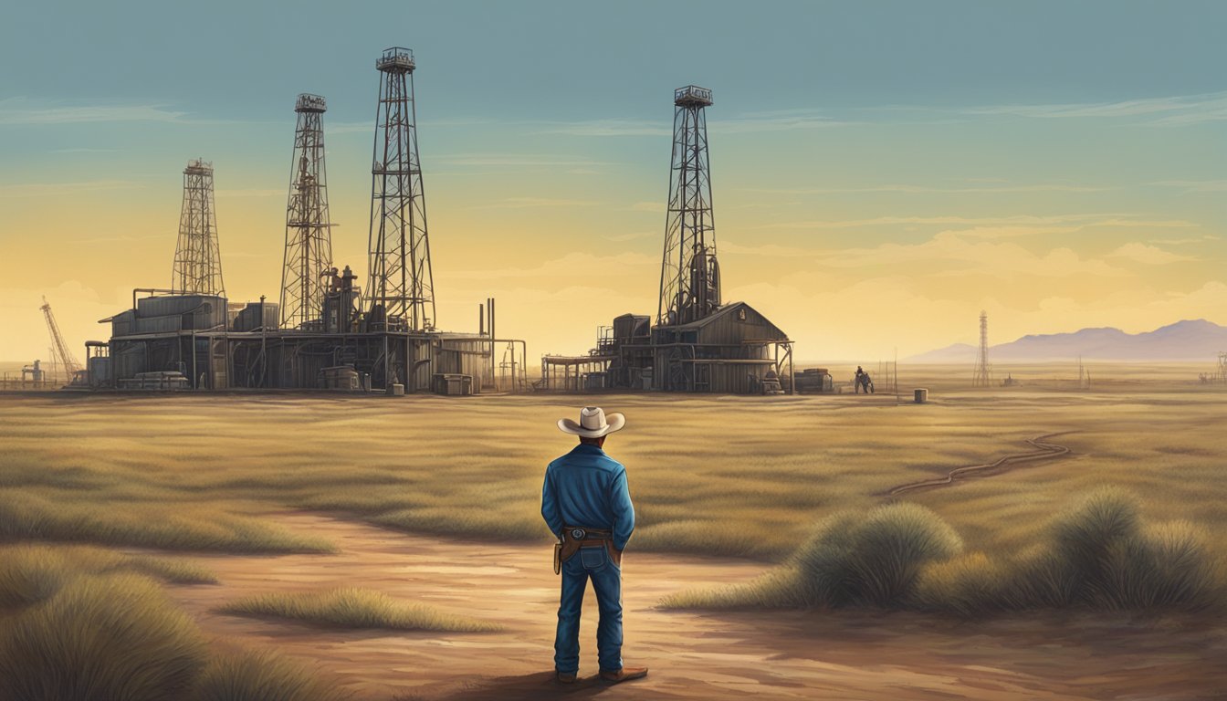 A lone cowboy stands amidst the sprawling Texas oil fields, overseeing the pumping rigs and nodding donkey pumps