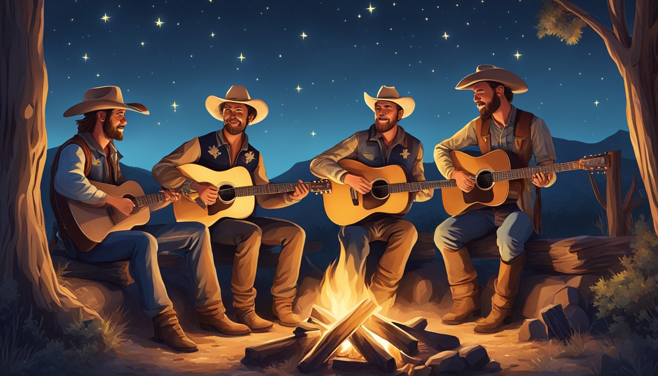 A group of cowboys gathered around a campfire, playing guitars and singing traditional country and western songs under the starry Texas sky