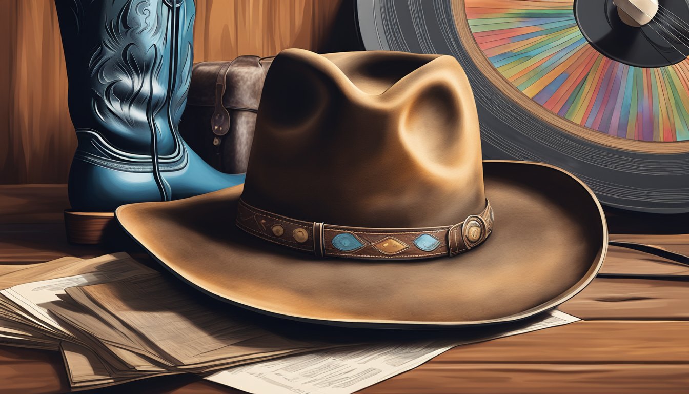 A dusty cowboy hat and worn leather boots sit beside a guitar and a stack of vinyl records, evoking the history of country and western music in Texas