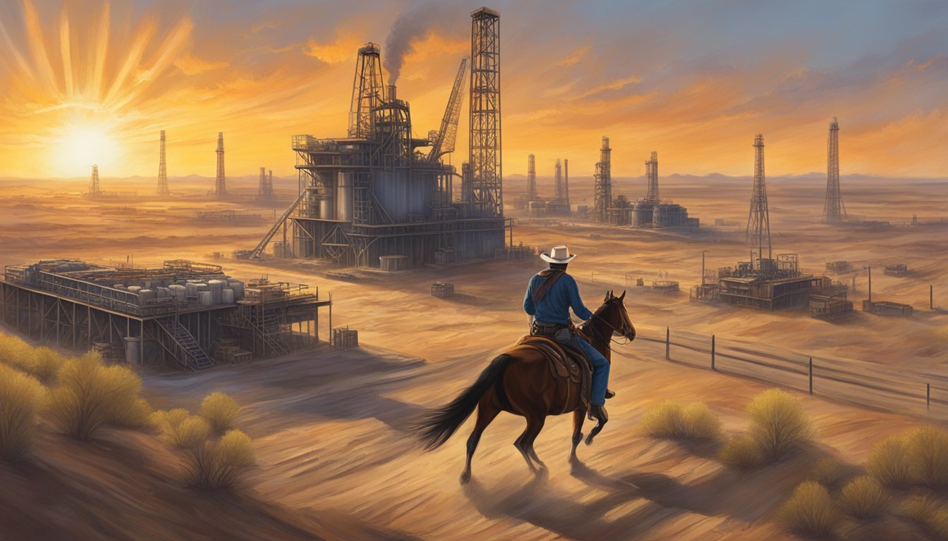 A lone cowboy rides through a vast oil field, overseeing the drilling operations under the blazing Texas sun