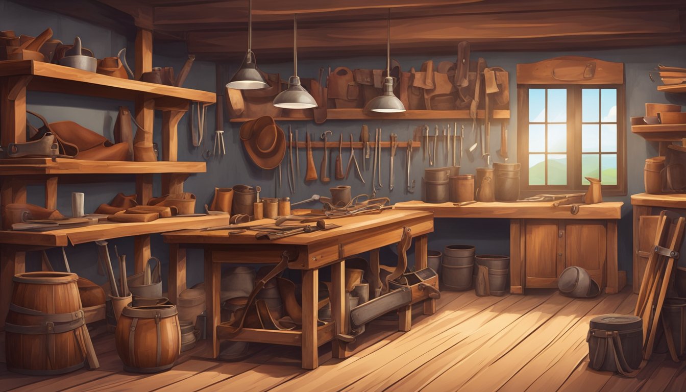 A rustic leather workshop with tools, saddles, and cowboy gear displayed on wooden shelves. A worn workbench holds leather scraps and crafting materials