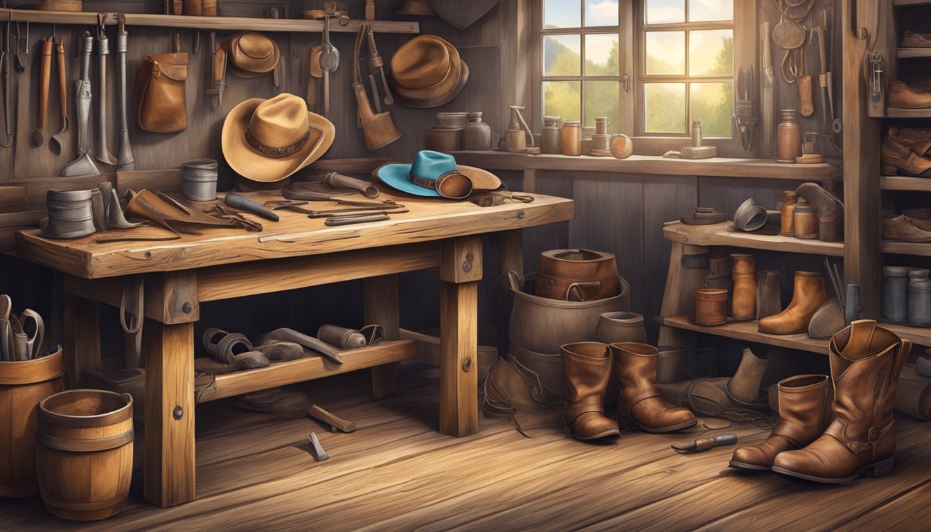 A rustic workbench covered in leather crafting tools and materials, with a worn cowboy hat and a pair of weathered boots nearby