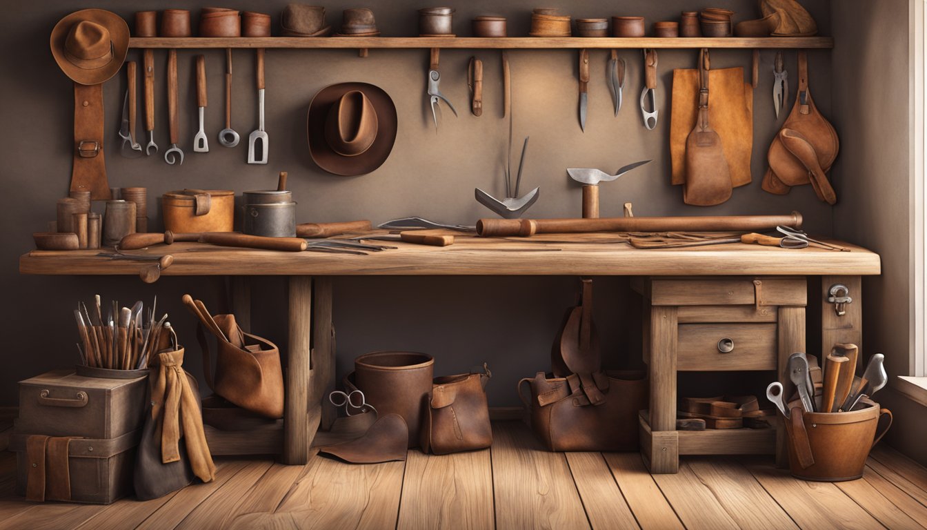 A rustic workbench holds a variety of leather crafting tools, including mallets, stamps, and shears. A cowboy hat and worn leather apron hang nearby