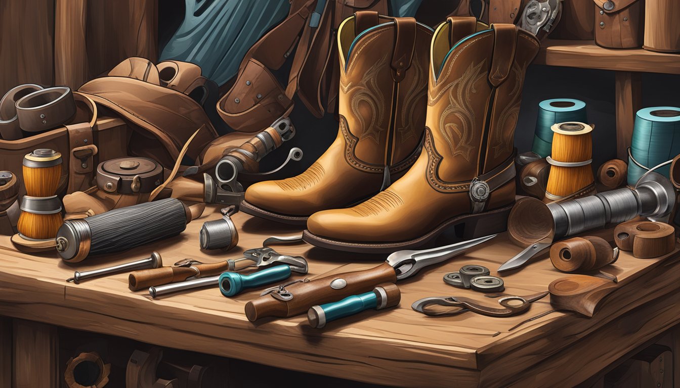 A cluttered workbench with leather crafting tools, spools of thread, and various pieces of custom cowboy boots and gear