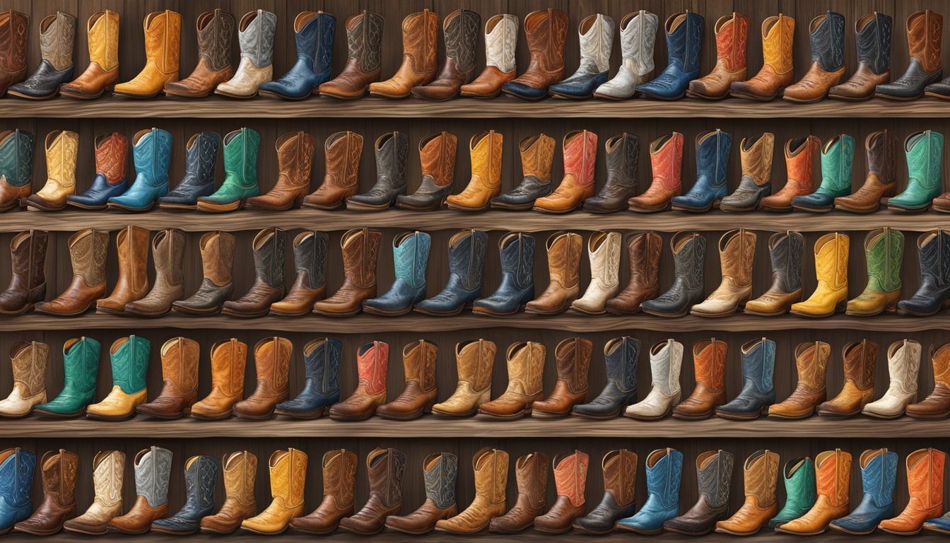 A collection of iconic Texas cowboy boots from major brands arranged on a rustic wooden display