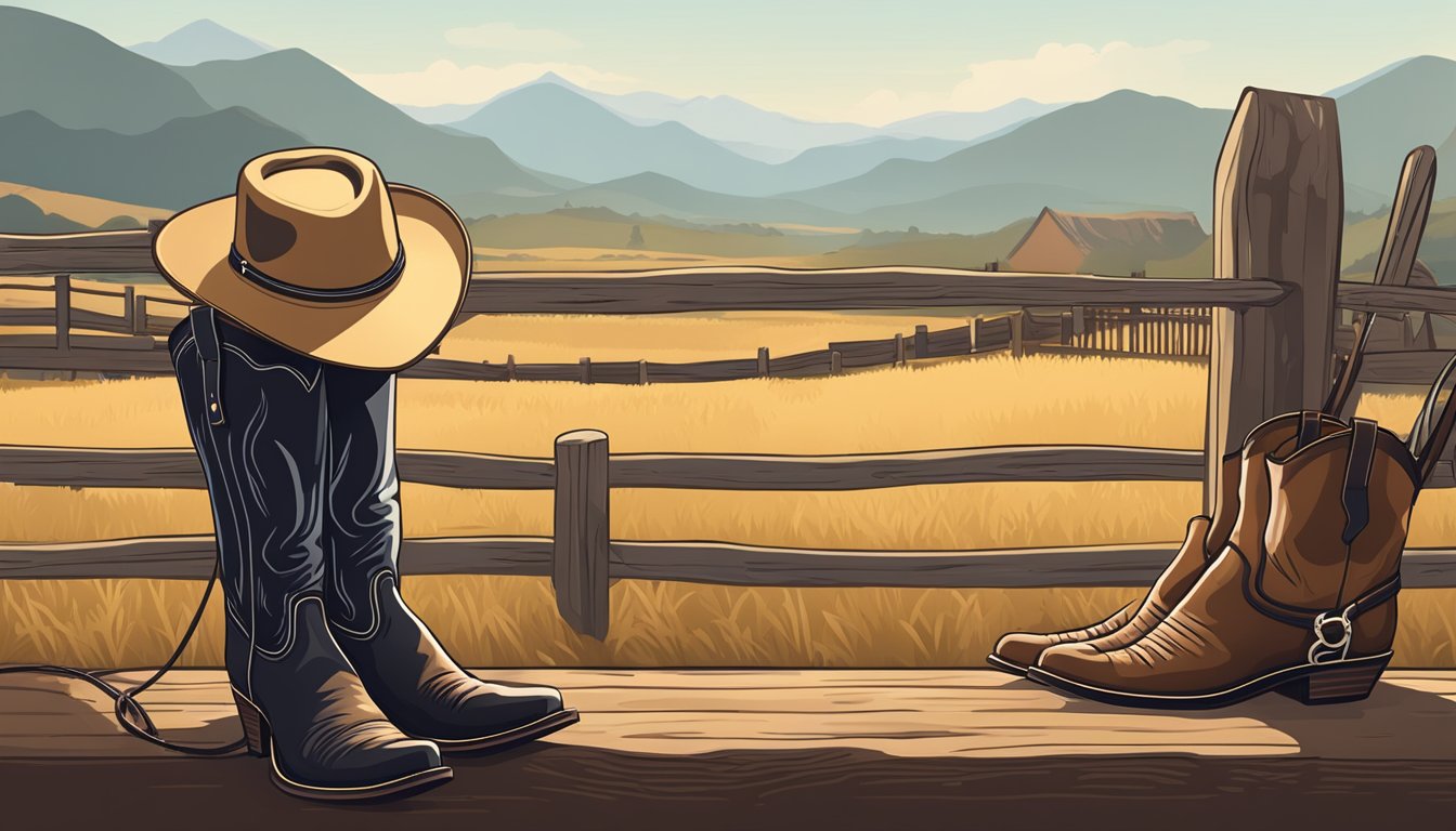 A cowboy hat, lasso, and leather boots lay on a wooden fence next to a saddle and bridle. A herd of cattle grazes in the background