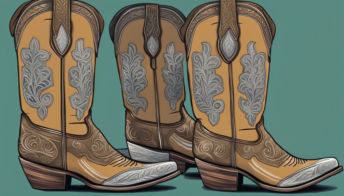 A pair of Texas cowboy boots, adorned with intricate stitching and silver accents, stand on a wooden display pedestal, showcasing the fusion of functionality and fashion